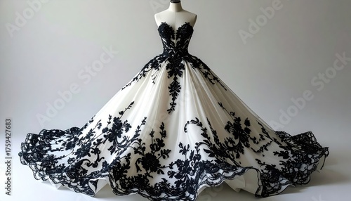Black and White Ball Gown with Embroidered Detail