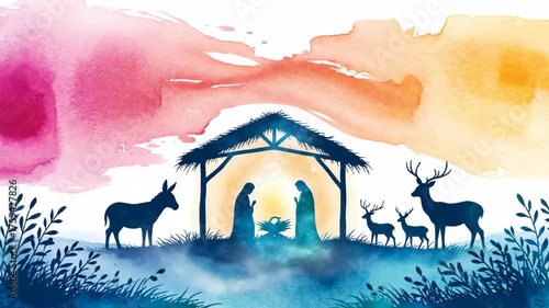 Watercolor Nativity Scene Depicting the Birth of Jesus Christ.