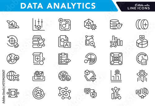 Data Analytics line icon set. Containing as big data, data mining, algorithm, analytics, machine learning, AI, surplus, growth, research, thin line icons