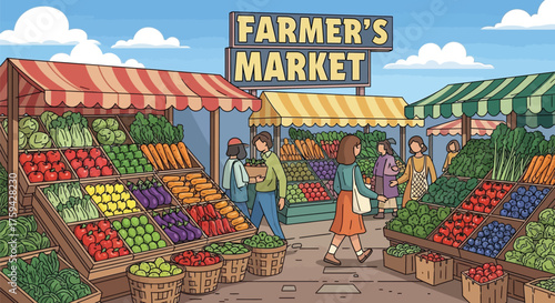 Vector art of farmers market with stalls full of fresh fruits and vegetables