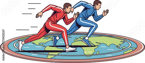 Vector art of two runners on a track representing the world map