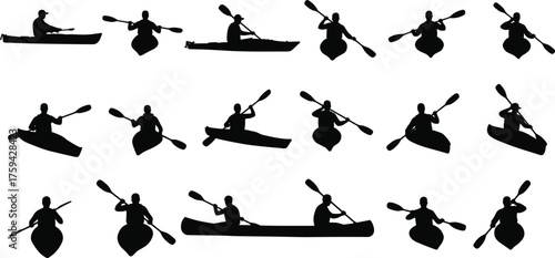 Silhouette collection of people kayaking with paddles, active outdoor water sport illustration showing adventure, movement, and recreational river or lake activity