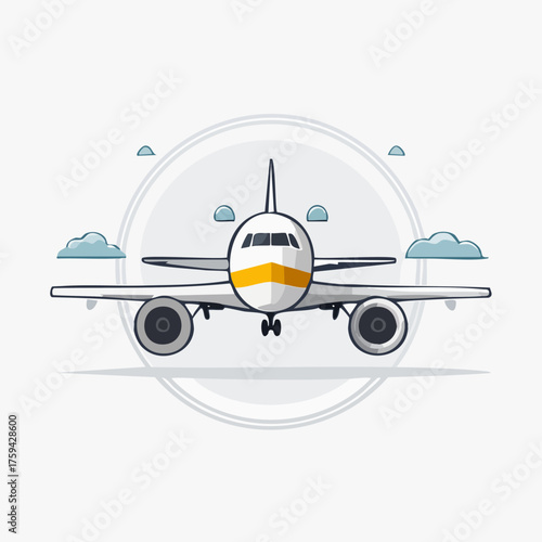 Airplane illustration front view with clouds and circle.