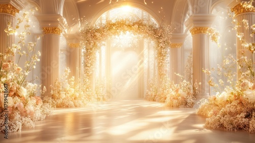 Ceremony archway decorated with flowers in a bright palace for event background