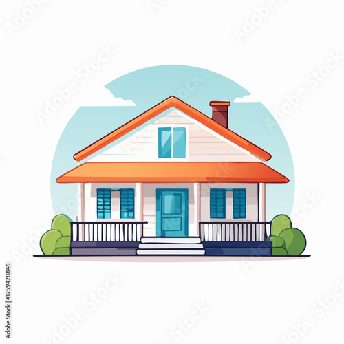 Charming House Illustration with Orange Roof and Blue Accents.