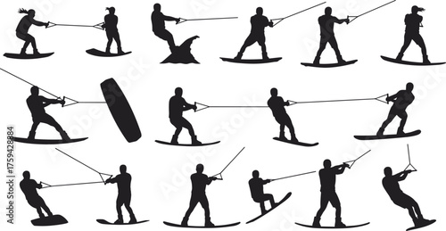 Silhouette collection of wakeboarders performing tricks and stunts, water sports activity showing balance, skill, and extreme summer recreation concept illustration