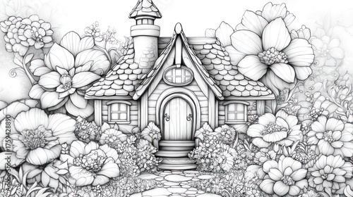 Line art of house in floral setting for coloring book or fantasy illustration