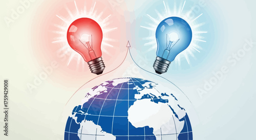 Vector art of two light bulbs, red and blue, connected to a glowing globe