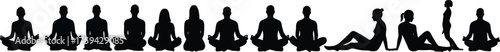 Silhouettes of people meditating in lotus position and sitting calmly on ground practicing mindfulness, yoga and relaxation together in harmony
