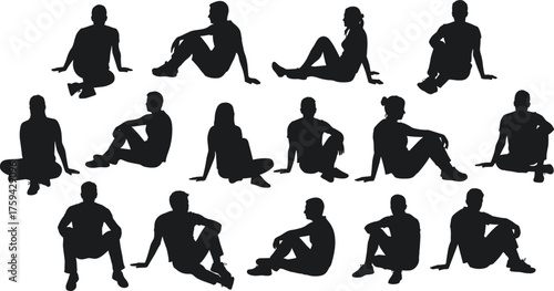 Silhouettes of people sitting on the ground in relaxed poses, group of men and women resting and socializing outdoors