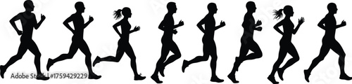 Silhouettes of running people in motion showing jogging activity, athletic exercise, marathon training, healthy lifestyle and outdoor fitness workout