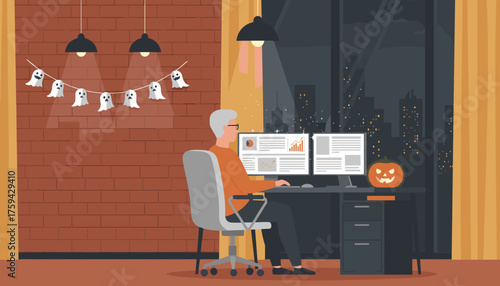 Remote work during Halloween dedicated man at desk with dual screens and festive pumpkin