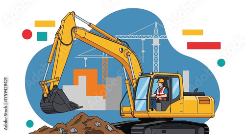 Construction worker operating excavator at building site illustrating industry and development