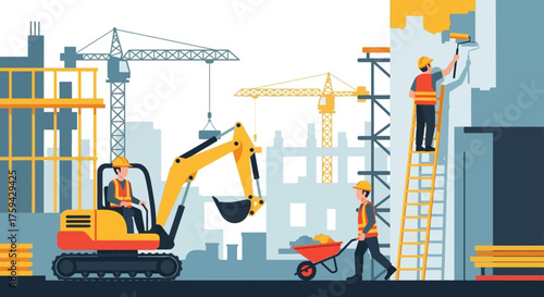 Team of construction workers and equipment engaged in building modern city infrastructure