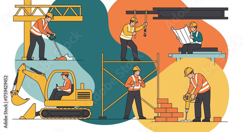 Construction workers building a site Teamwork heavy machinery blueprints Industry development concept