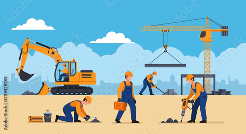 Construction site with workers excavator and crane Building industry and urban development