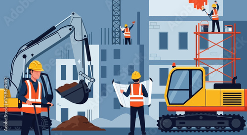 Busy construction site with workers and heavy machinery building new structures Urban development concept