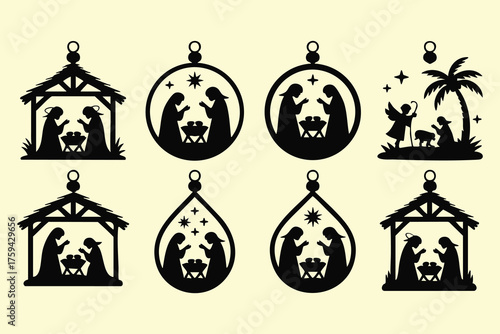 Black and White Nativity Christmas Decorations, vector, illustration
