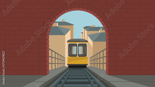 A yellow train entering a brick tunnel with buildings and a blue sky in the background vector art