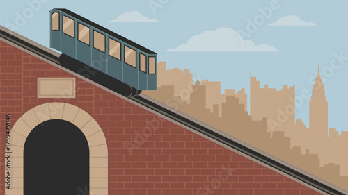 A funicular car ascends a steep track from a brick tunnel towards a city skyline under a cloudy sky
