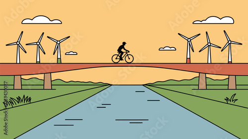 A cyclist rides across a bridge with wind turbines and clouds against an orange sky over a river view