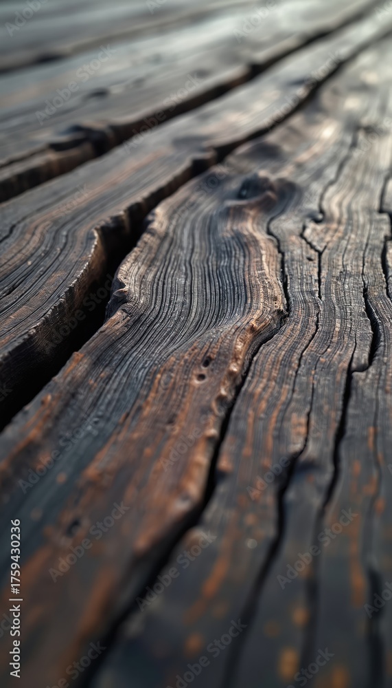 Obraz premium Closeup of old wood planks with rough organic grain texture. Dark timber surface shows natural patterns, cracks. Aged wooden floor background with rich natural hues. Earthy material provides vintage,