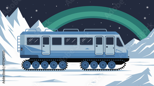 A blue snowcat vehicle on a snowy landscape with mountains and aurora borealis in the background at night