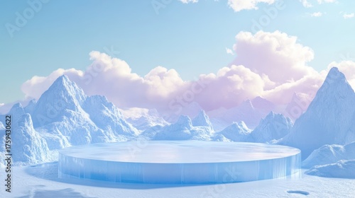 Frozen platform, arctic mountains, serene sky, product display