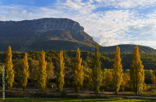 La Sakana at sunset in autumn. Mount San Sonato (Beriain) in autumn, Navarre