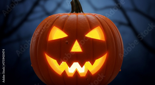Illuminated jackolantern with a spooky face glowing in the dark, casting eerie shadows on a dark night, perfect for halloween