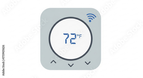 A sleek smart thermostat interface displaying a comfortable 72 degrees fahrenheit