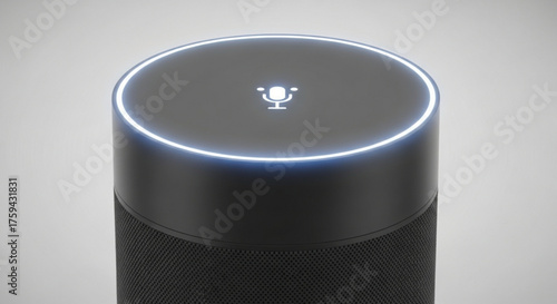 Closeup of a smart speaker with a microphone icon and glowing blue ring, , showcasing modern technology