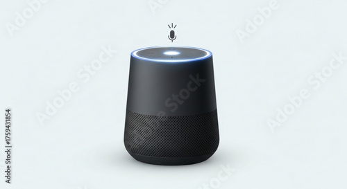 Smart speaker with microphone icon and glowing blue ring, , showcasing modern technology and connectivity