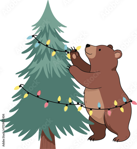 Cartoon bear decorating a Christmas tree with colorful string lights.
