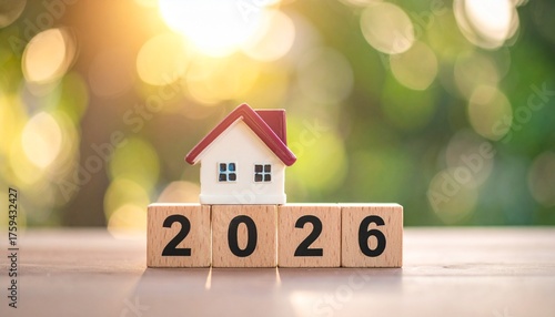A small house model rests on wooden blocks spelling out 2026, symbolizing future home ownership and financial planning