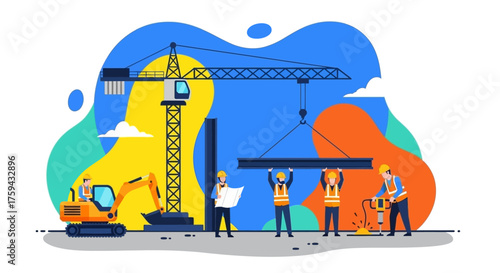 Professional construction team working on a building site with crane and excavator