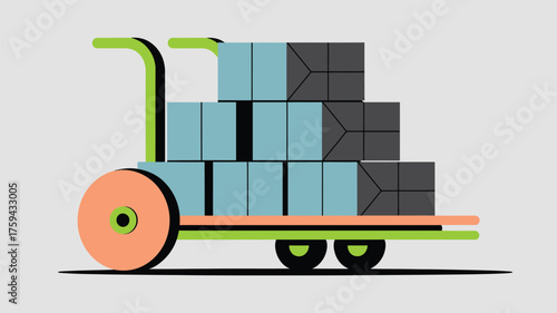 A hand truck with green handle carrying stacks of blue and gray boxes on a white background illustration