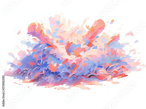 A composition with colorful pop elements scattered on a white background
