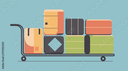 A hand truck loaded with various colored boxes and packages on a light blue background illustration