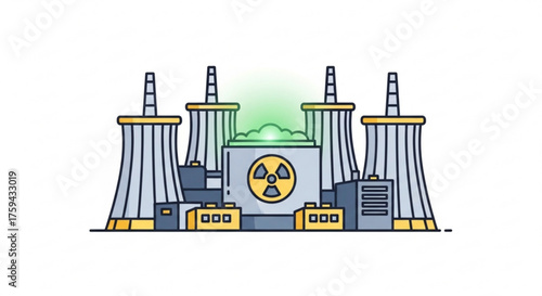 Nuclear power plant with radiation symbol, a source of energy with multiple cooling towers