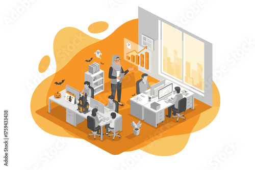 Business team celebrates Halloween in a productive office Festive workplace for growth and success