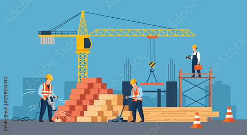 Construction site with workers crane and building materials Industry development and teamwork