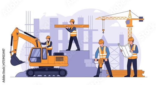 Construction workers excavator and crane on a building site Teamwork development and industry