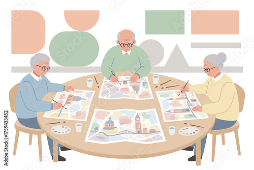 Seniors enjoying a creative watercolor painting class together expressing artistic hobbies