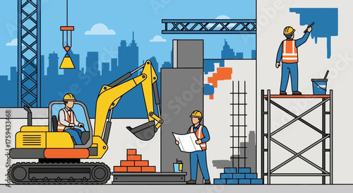 Construction workers building a city Teamwork and development concept for urban growth