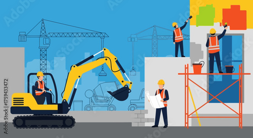 Construction workers operate machinery paint facades and review plans on an urban development site