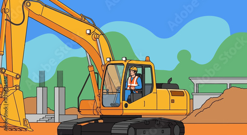 Construction worker operates excavator on building site Industrial development and progress