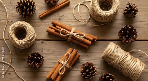 Fototapeta Naklejka Na Ścianę i Meble -  A rustic arrangement of cinnamon sticks and pinecones tied with twine on a wooden surface, evoking a natural and cozy aesthetic.