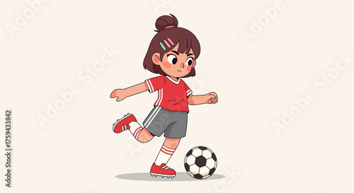 Adorable cartoon girl in red jersey playing soccer with a ball.