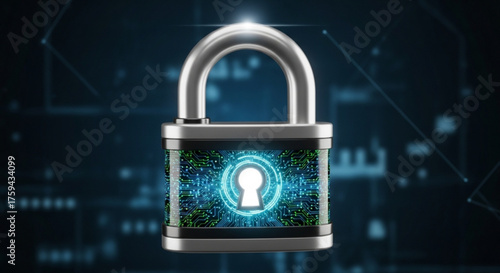 Digital security concept with padlock surrounded by icons representing different types of security measures on a dark blue background